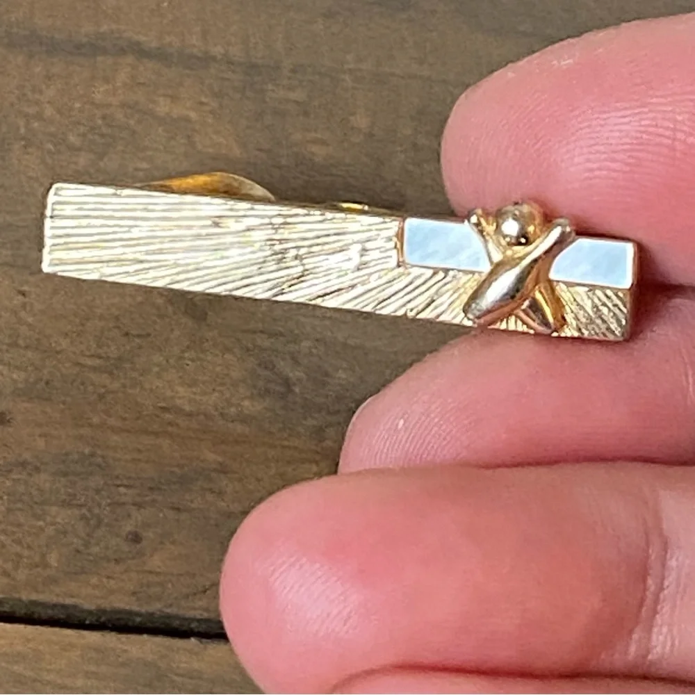 Vintage Swank gold tone bowling tie clip with mother of pearl men's / unisex